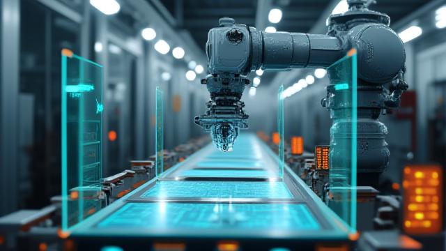 스마트 팩토리에서 로봇 팔을 제어하고 유지보수하는 엔지니어의 모습